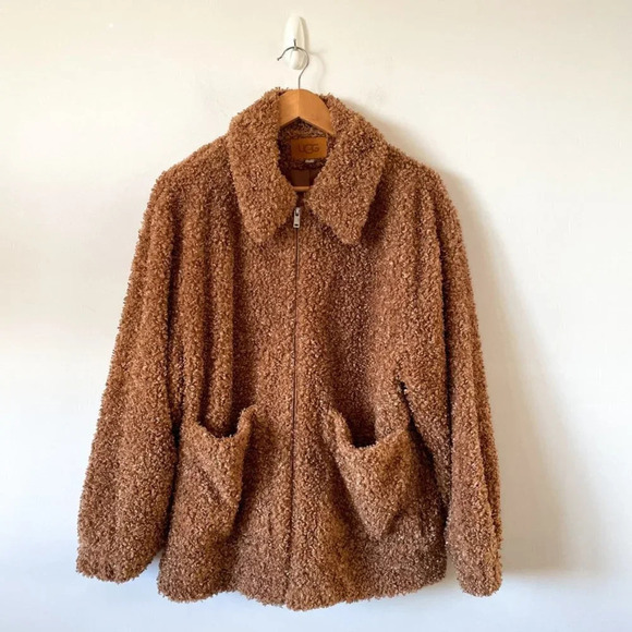 UGG Kaley Jackeline Camel Teddy Bear Oversized Jacket Zip Up Fur Coat Size Small - Picture 4 of 10